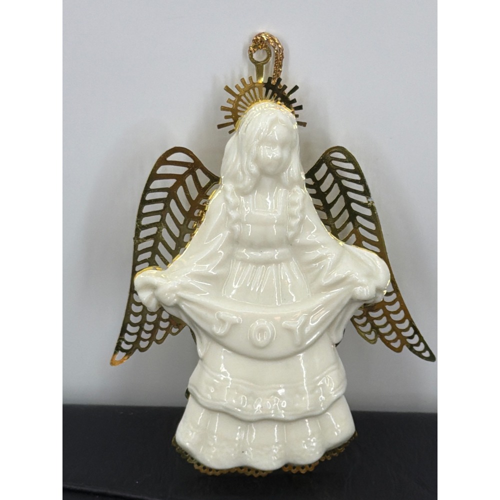 Vintage White Ceramic Gold Metal Angel Joy Christmas Ornament 4 Inch